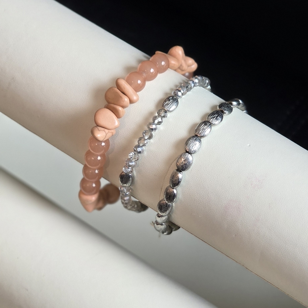 Set of Three New Elegant Silver and Pink Beaded Bracelets